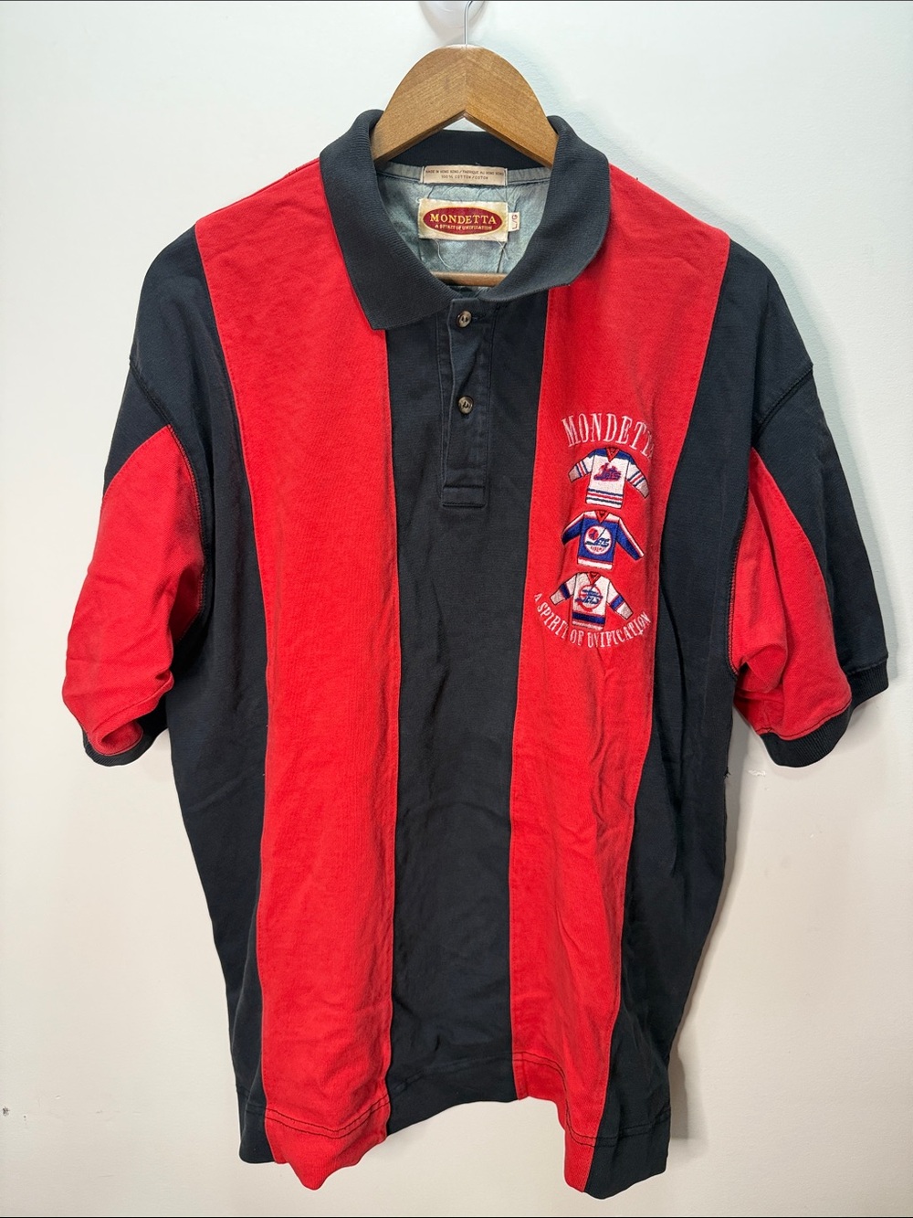 Vintage 90s Mondetta Red and Black Vertical-Panel Polo Shirt Size L 29x25